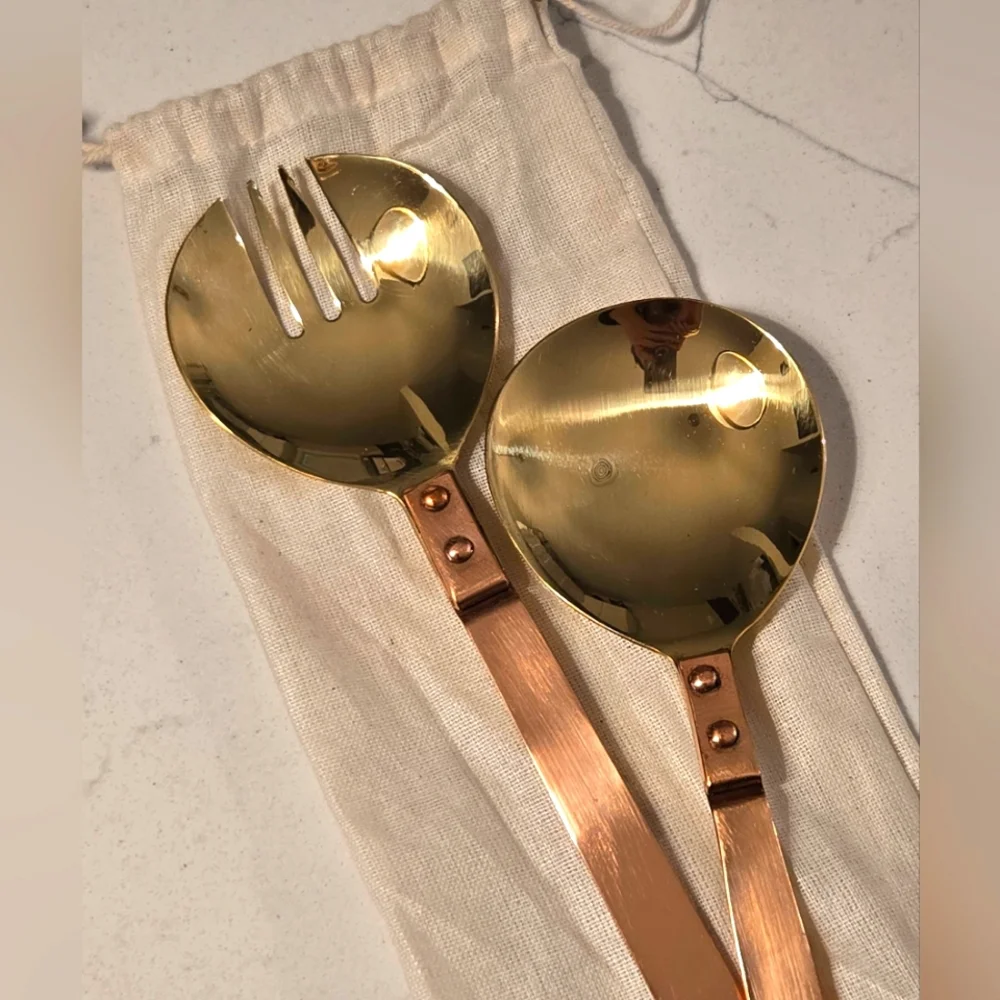 NWT Copper & Brass Salad Servers Set with Drawstring Bag